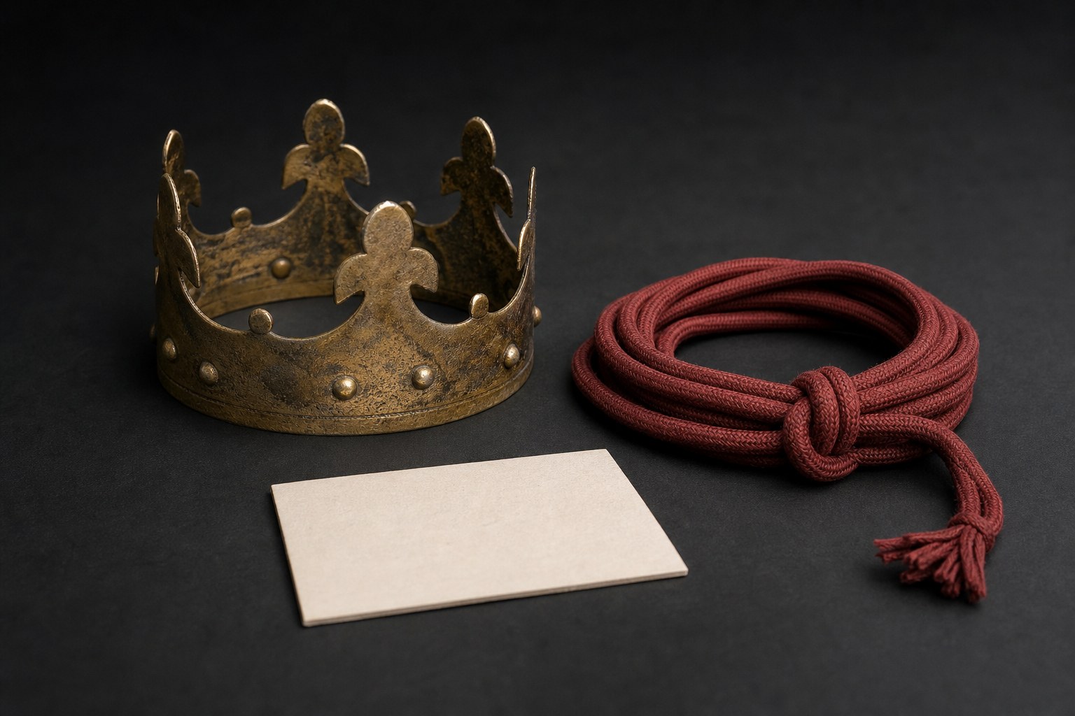 A small brass crown and coiled red cord displayed beside a blank museum-style reference card