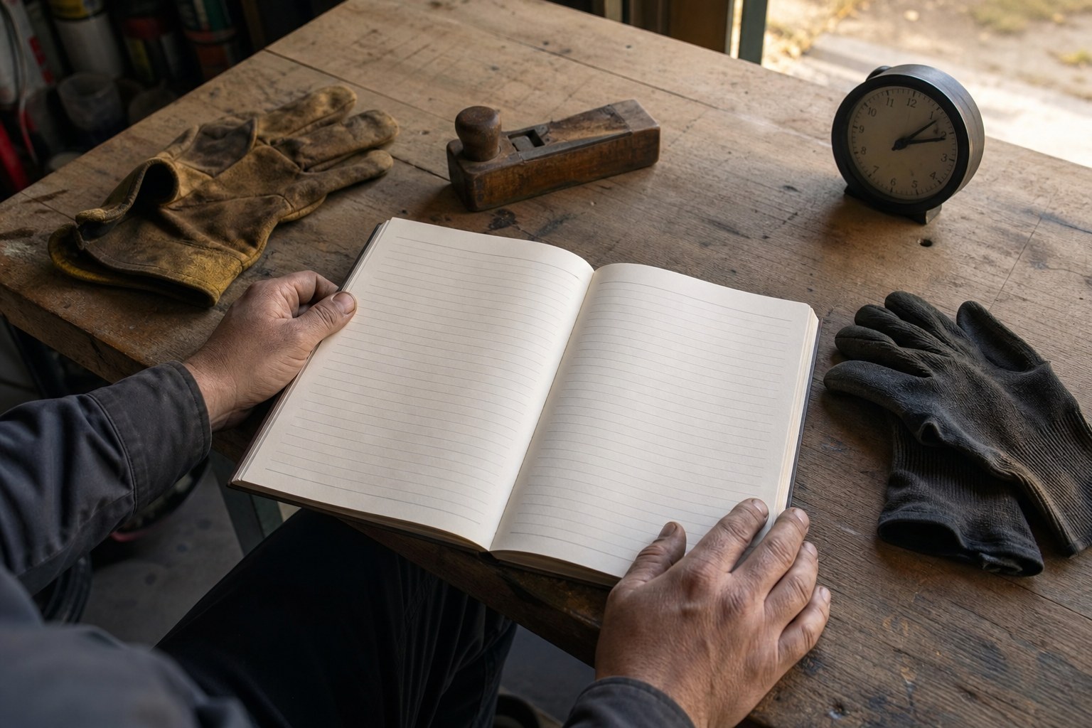 Hands reviewing a blank workload ledger beside a simple wooden tool and clock