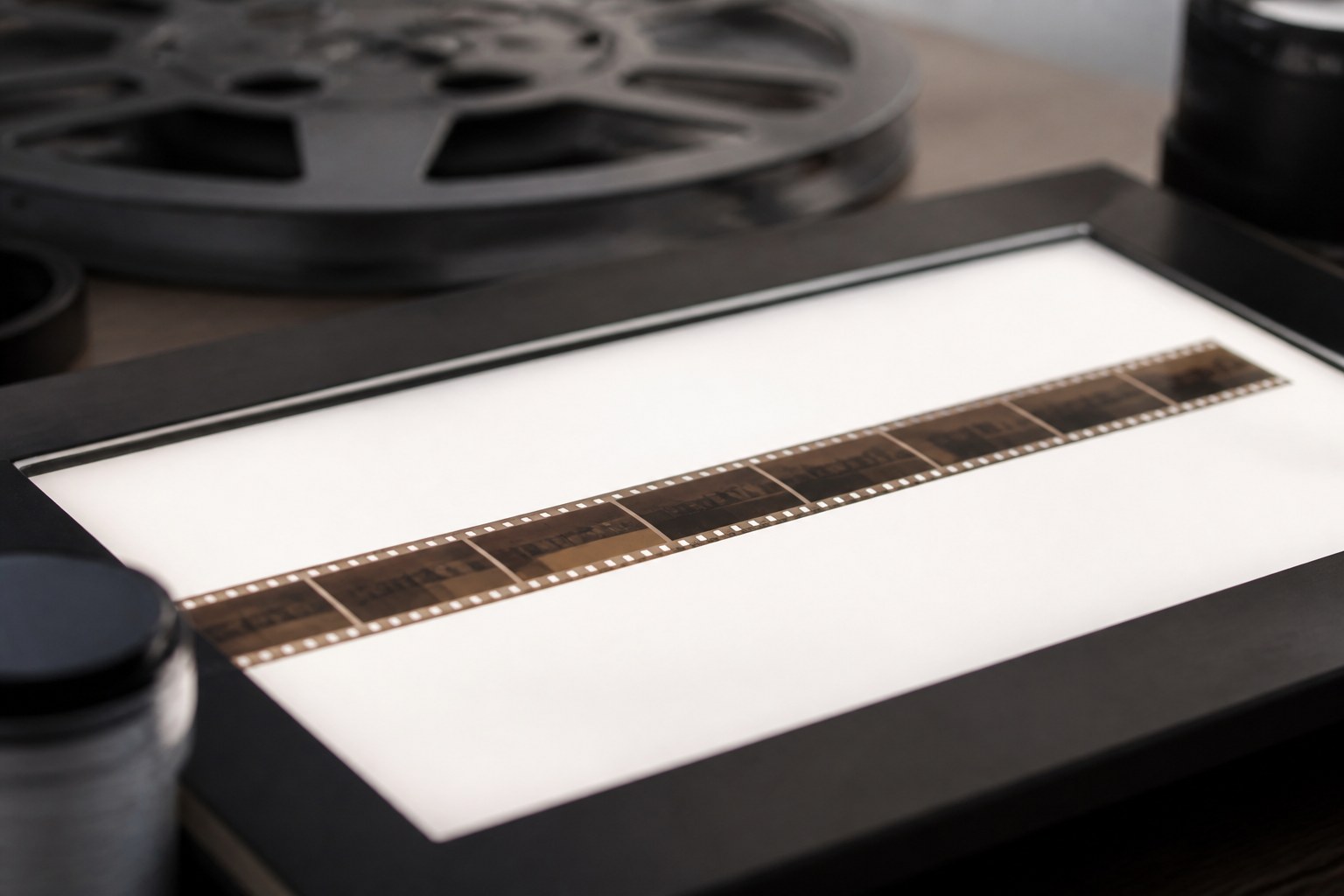 A strip of old photographic negatives lying on a lit lightbox beside film reels, the frames far too small to make out