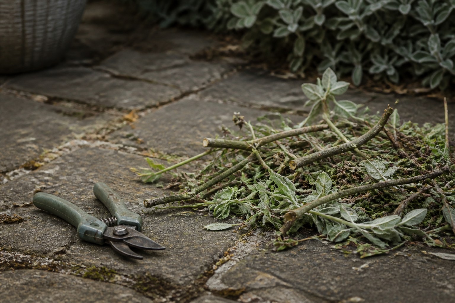 A pair of garden secateurs and a swept pile of prunings on a stone garden path