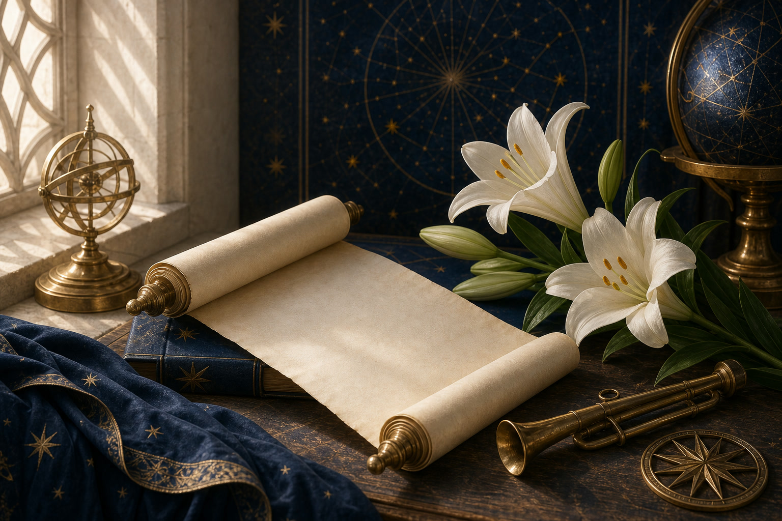 White lilies, an unrolled scroll, a brass trumpet, and an armillary sphere on a dark table in window light