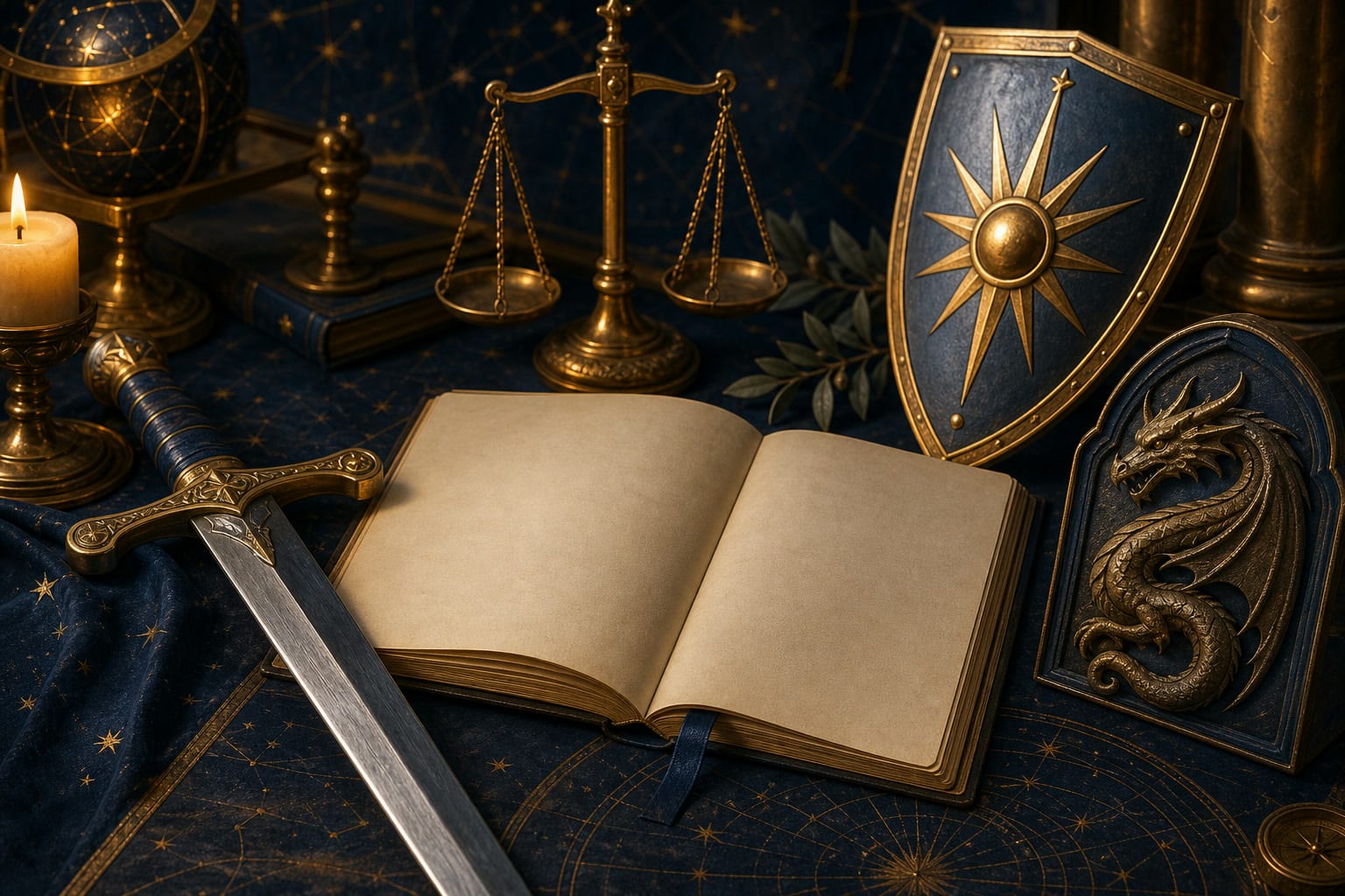 Sword, shield, scales, and dragon symbols arranged as Archangel Michael iconography references