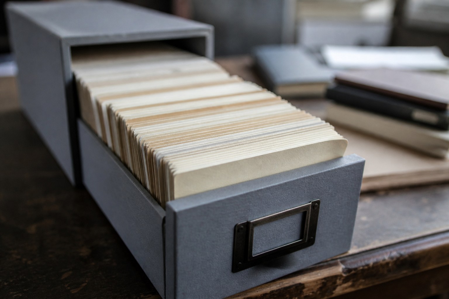 An archive card drawer pulled open on a desk with index cards standing upright in close order