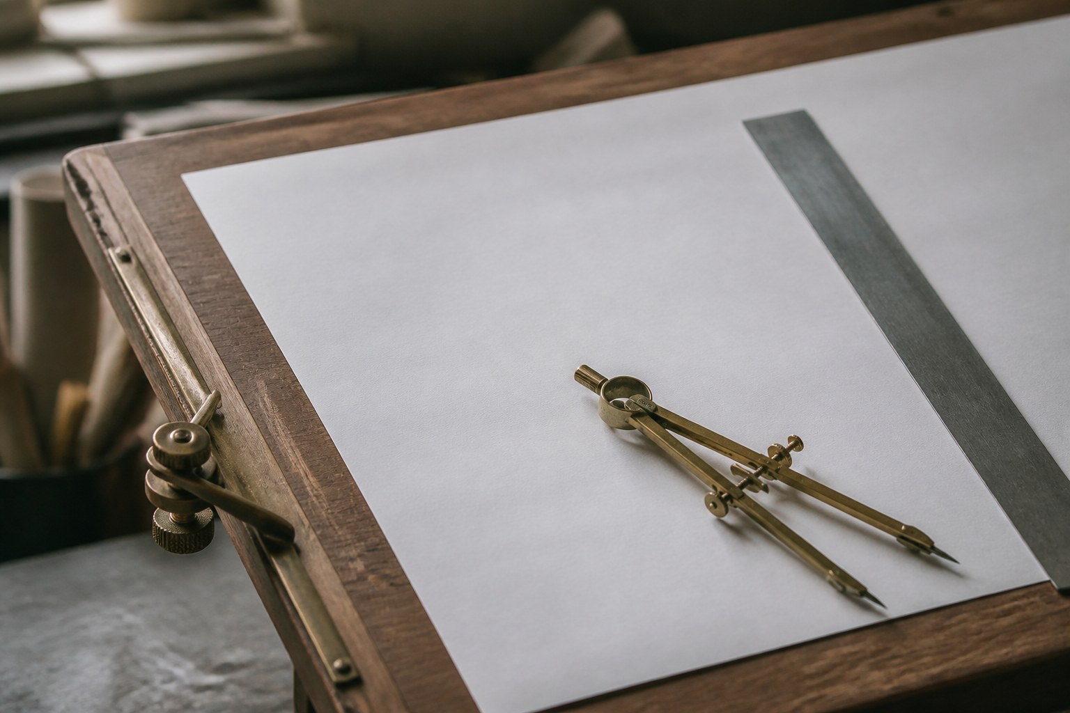 A wooden drawing board with brass compasses and a steel straightedge resting on a blank sheet