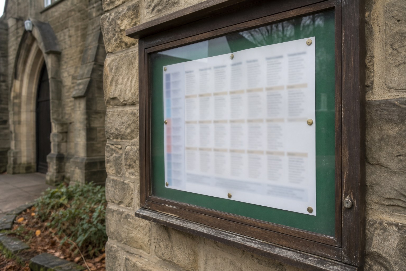 A parish noticeboard behind glass holding a printed calendar sheet