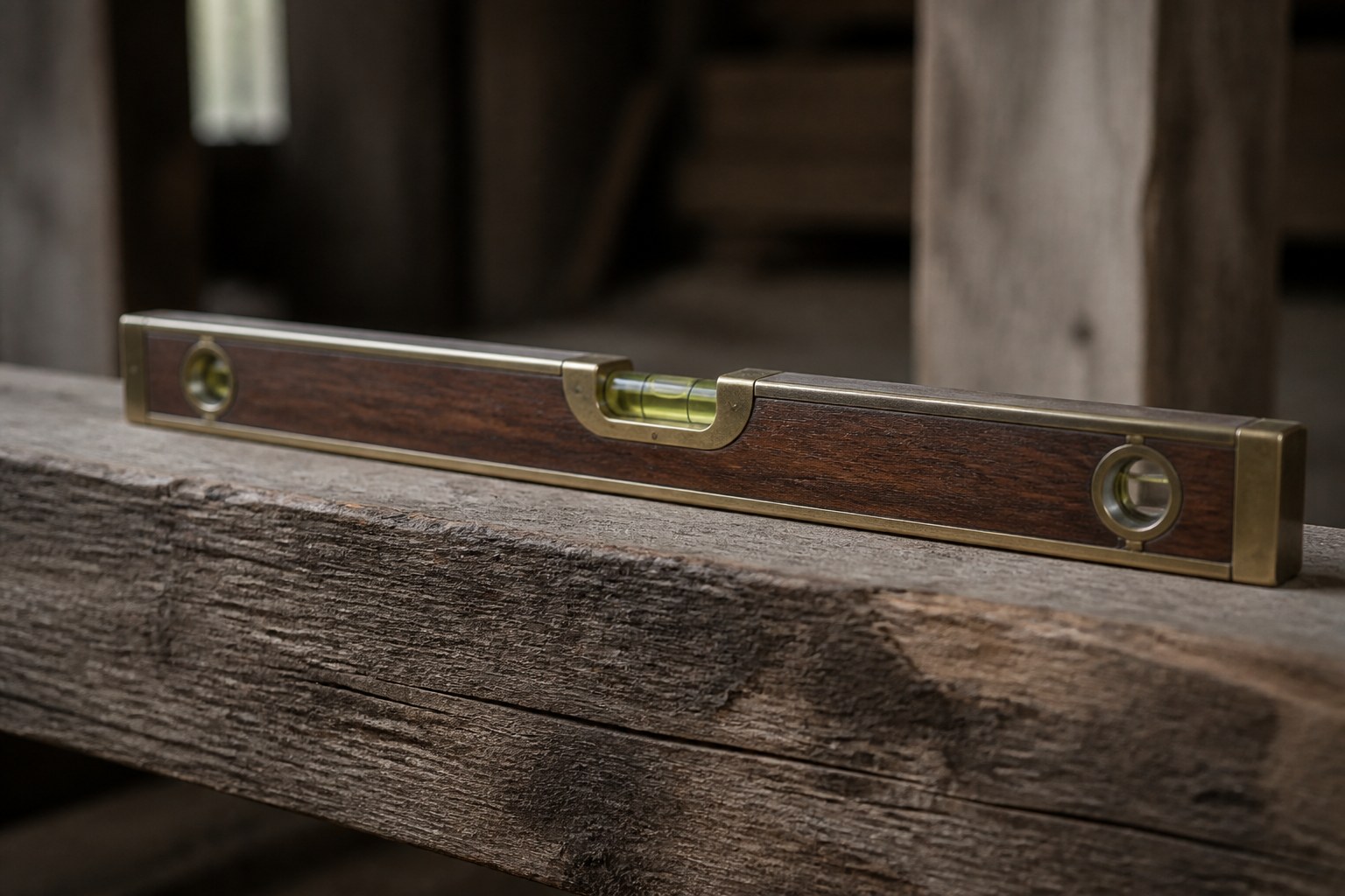 A brass and wood spirit level resting on a rough timber beam, the bubble sitting exactly centred in its vial