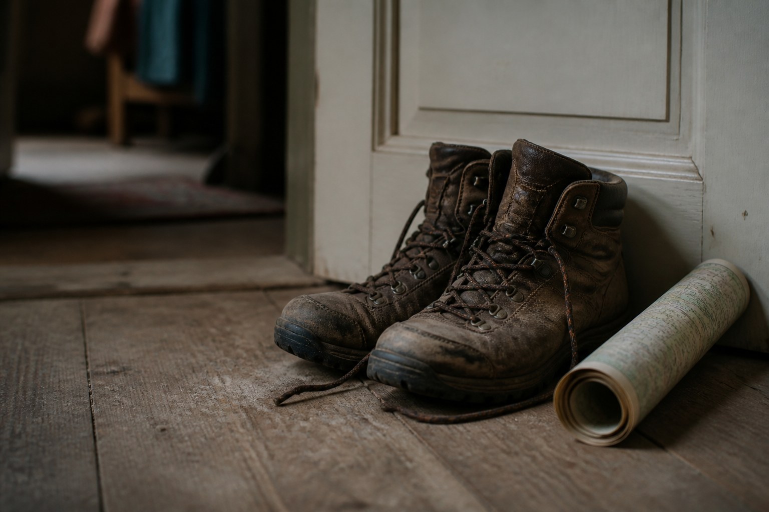 A pair of well worn leather walking boots and a rolled paper map set on the floor beside a door