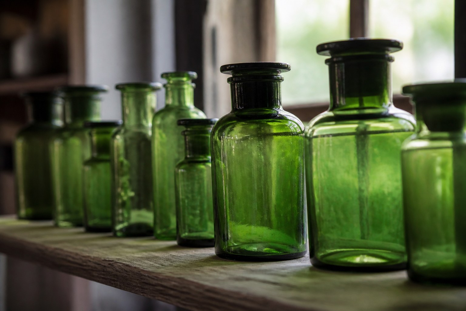 A row of green glass apothecary bottles on a wooden shelf with daylight passing through them