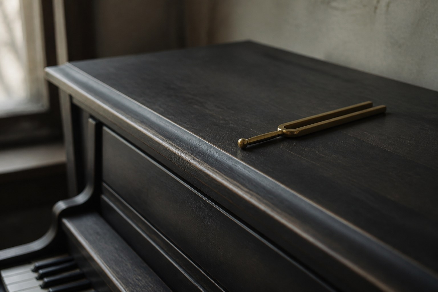 A brass tuning fork resting on the closed dark lid of an upright piano