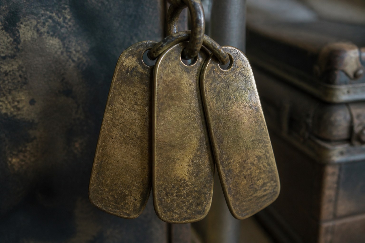 Three near identical brass luggage tags hanging together on a single hook, each worn until the stamping is unreadable