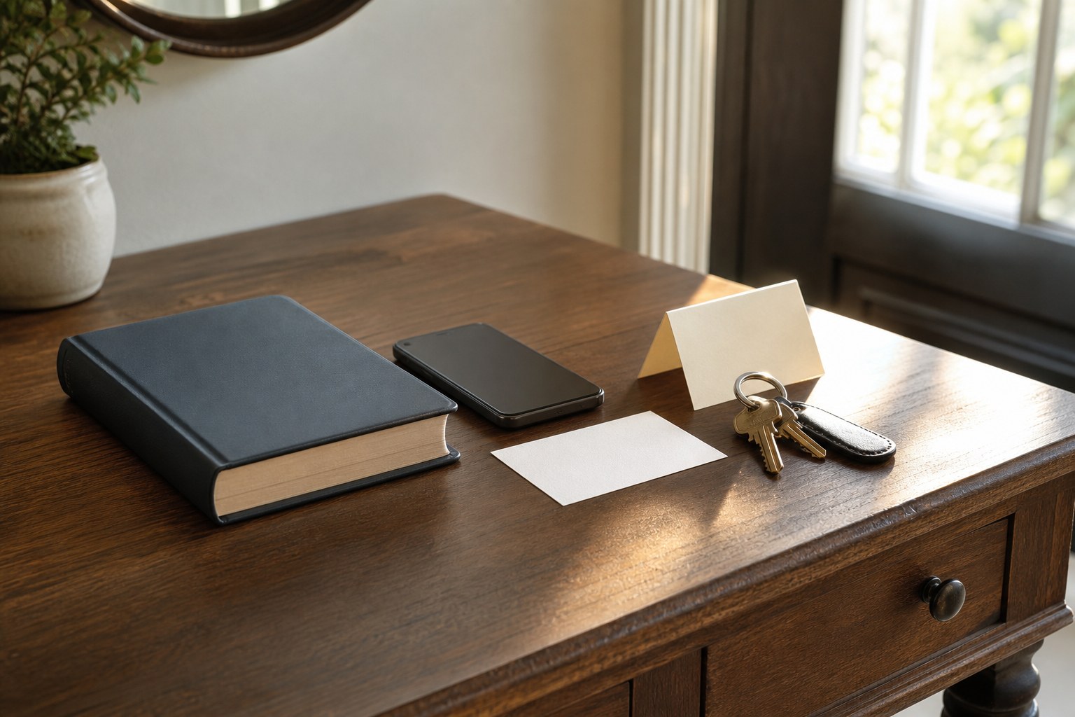 A closed prayer book beside a phone, appointment card, and keys prepared for the next responsible action