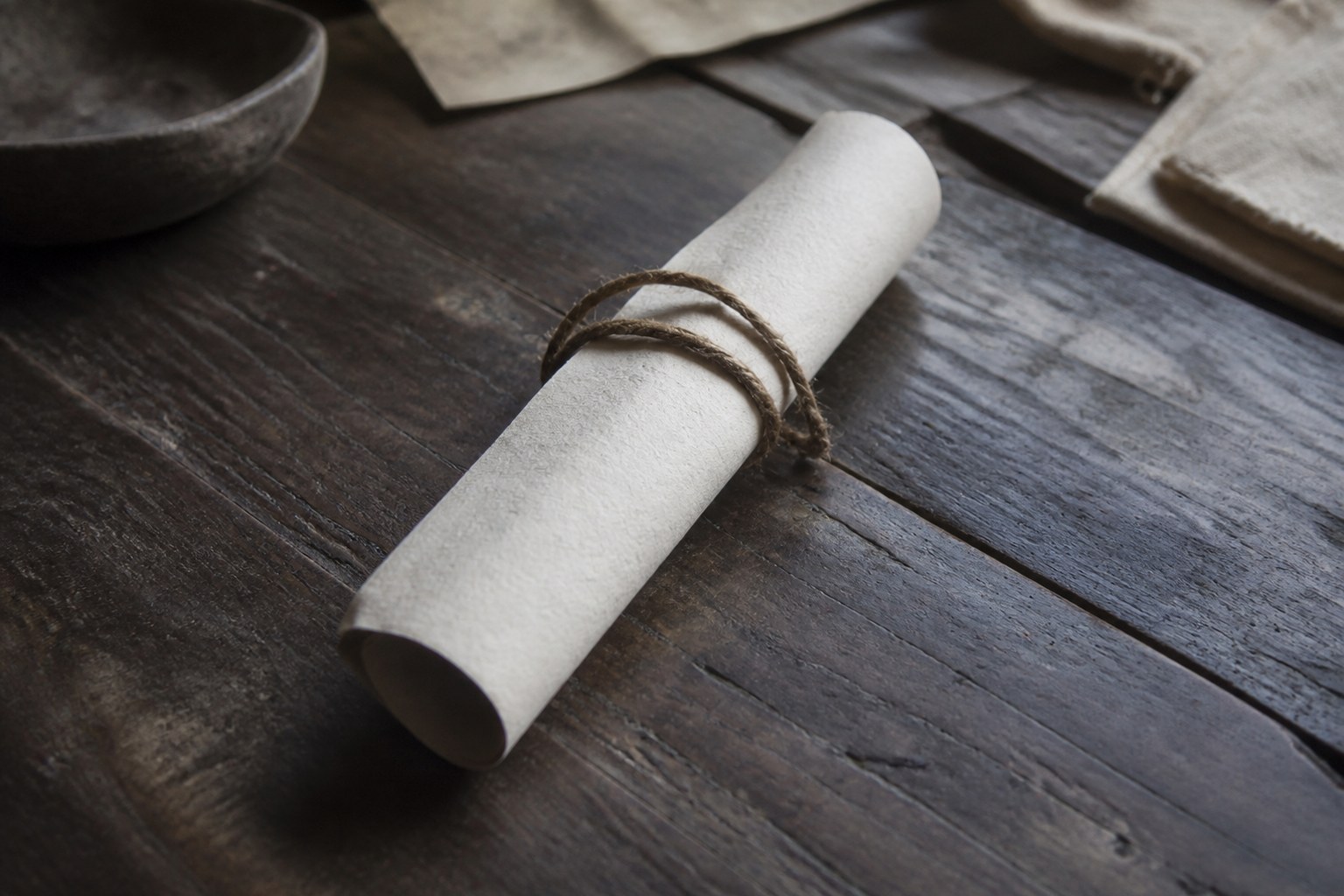 A rolled paper scroll tied with cord on a dark wooden table