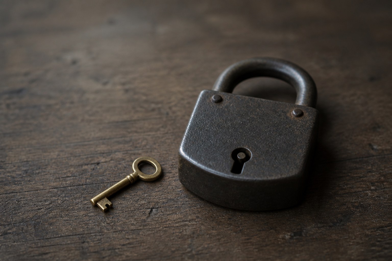 A small brass key lying on a bare table beside a heavy padlock that is still closed