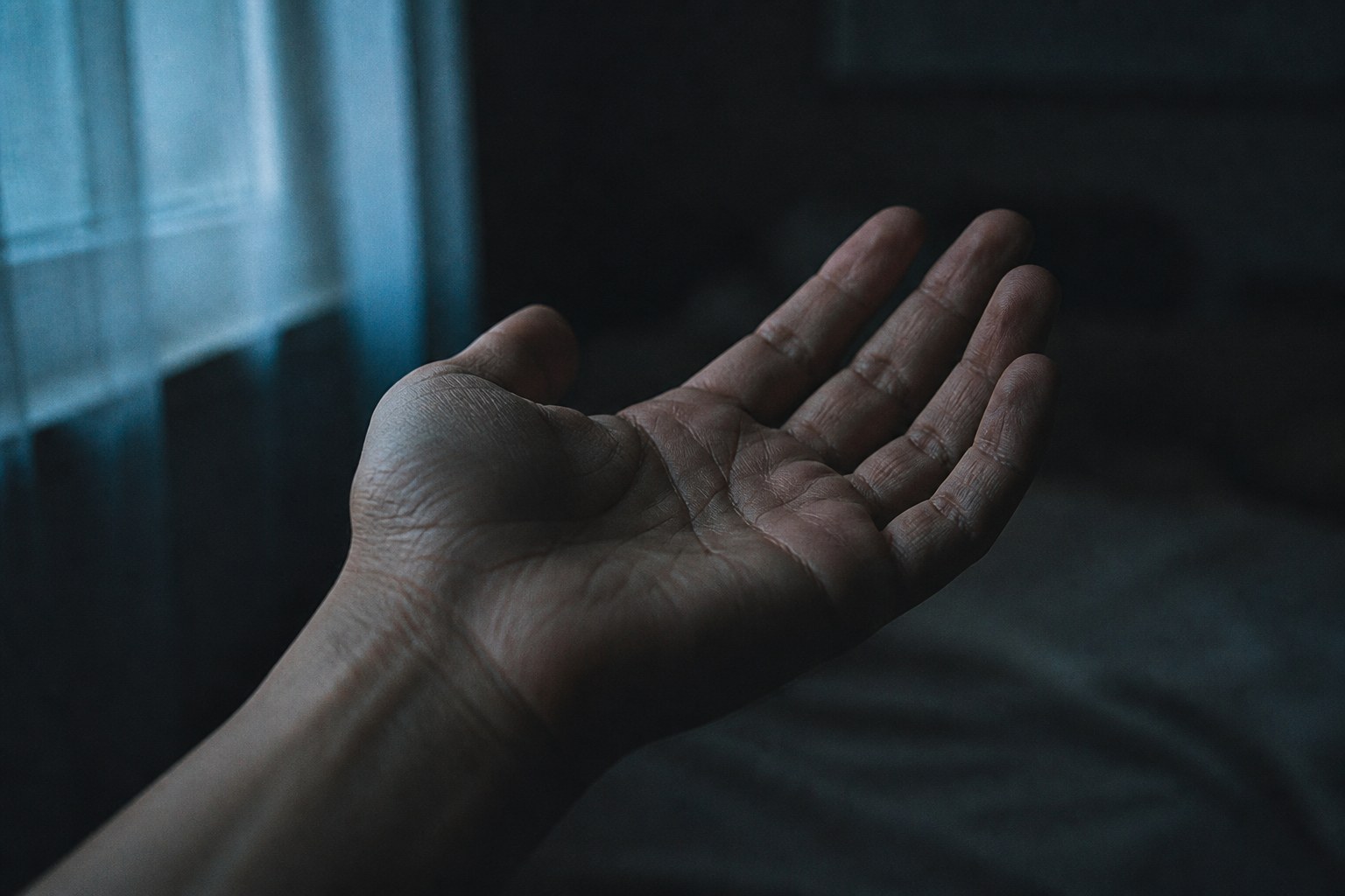 An open empty palm held upward in cool blue light from a window, the room dark behind