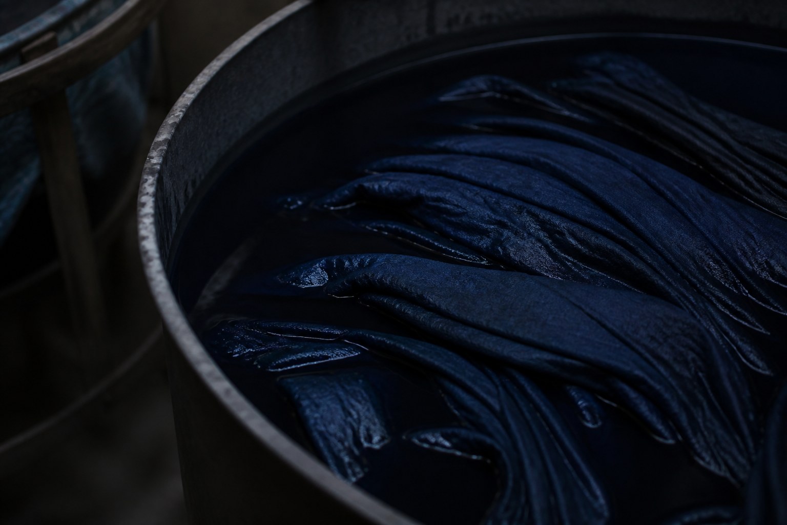 Folded cloth soaking in a deep indigo dye vat, the surface dark and completely still