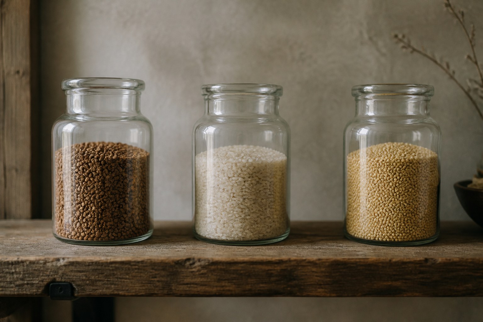 Three glass jars holding three different grains, standing well apart on a wooden shelf