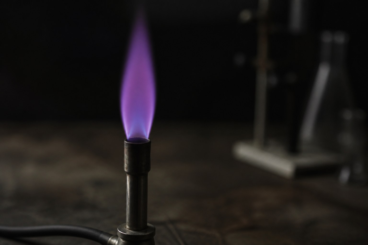 A violet gas flame burning on a laboratory burner with glassware standing behind it