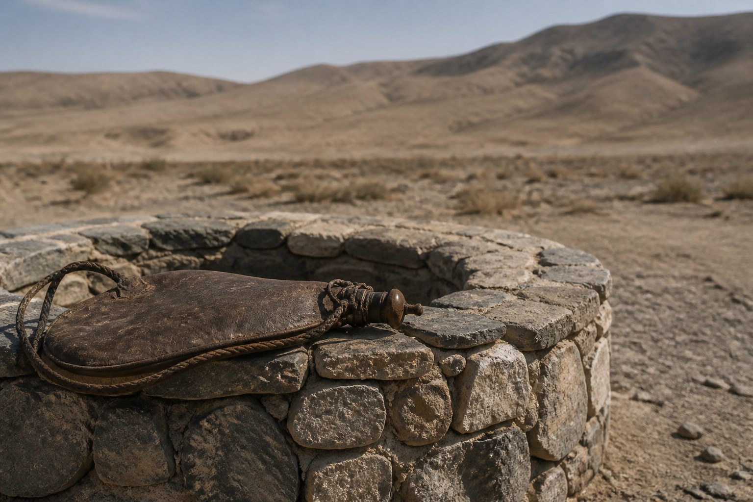 A low dry stone well head in bare hill country with a worn leather water skin resting on its rim