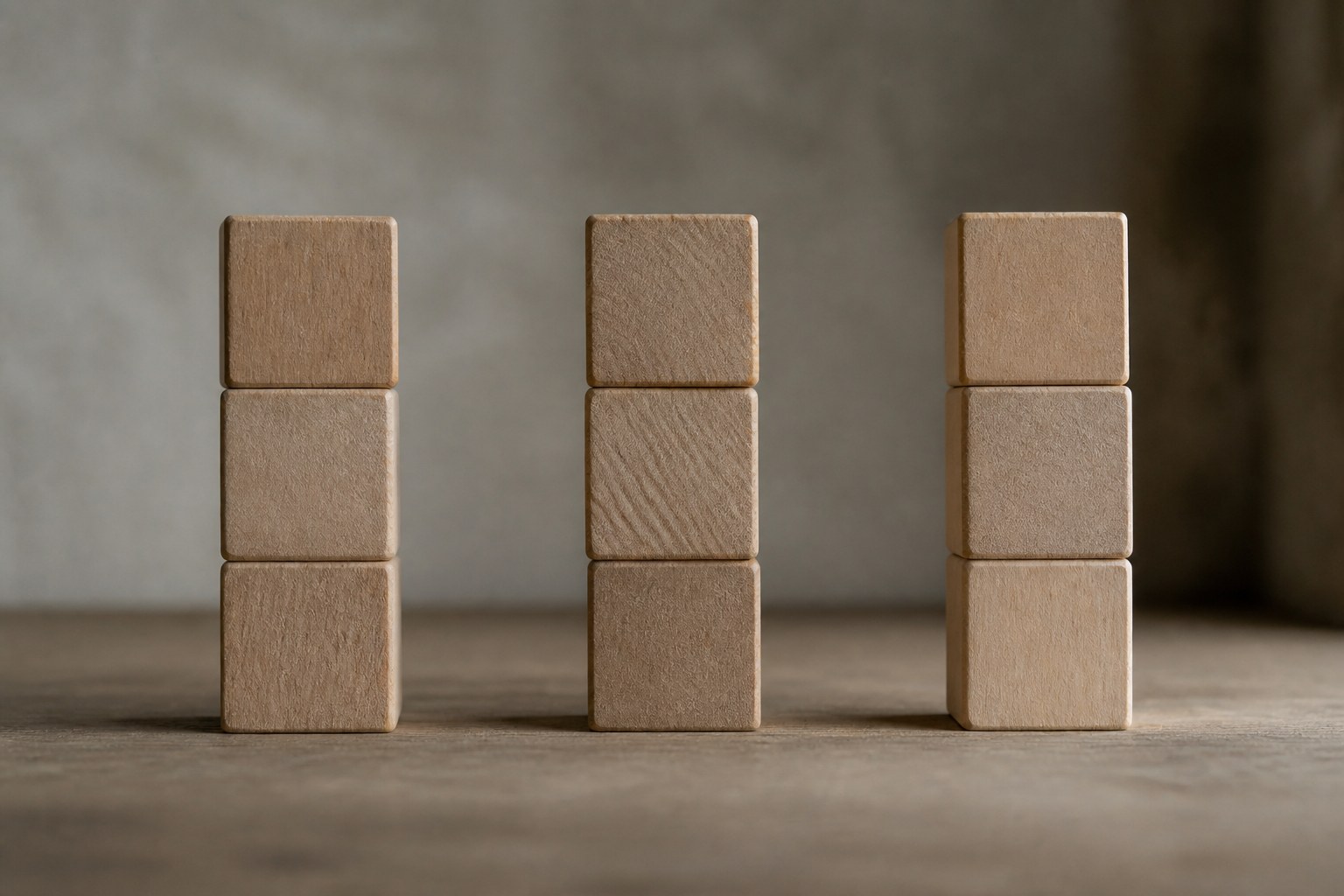 Nine plain unpainted wooden blocks stacked in three groups of three on a bare table