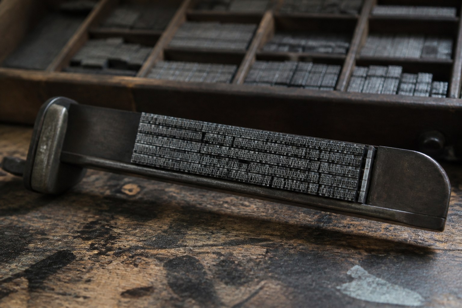 Metal type sorts locked in a printer's composing stick, the raised letter faces mirrored and unreadable, an open type case behind