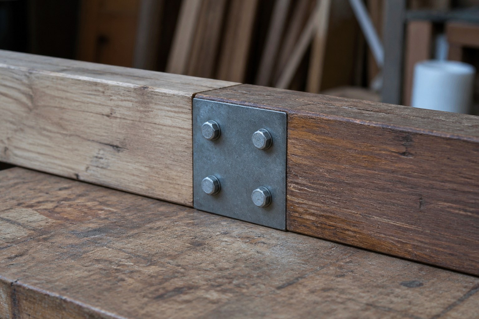 Two lengths of different timber joined by a steel plate and bolts