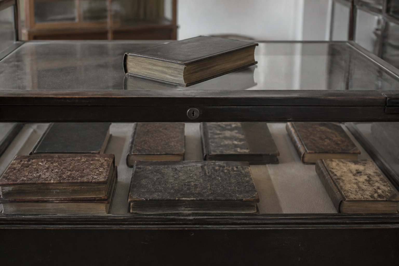 A single book lying on top of a locked glass display case holding other volumes