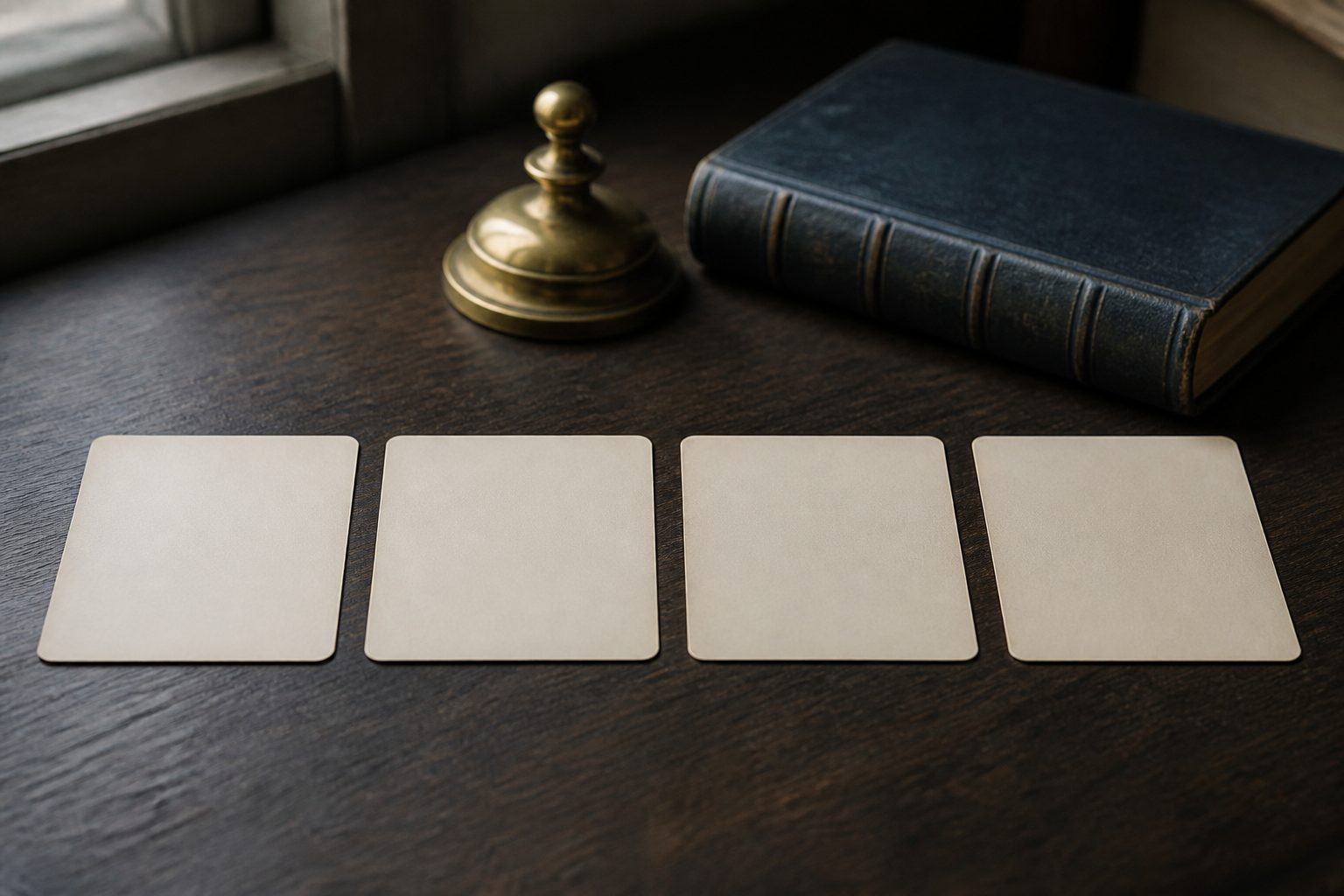 Four blank cream cards laid in a row on a dark desk beside a closed leather book and a brass paperweight