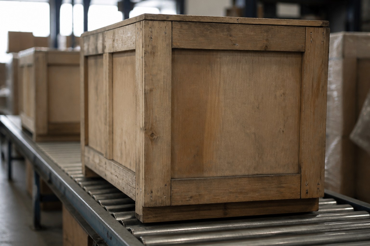 A heavy crate on a line of steel rollers in a warehouse