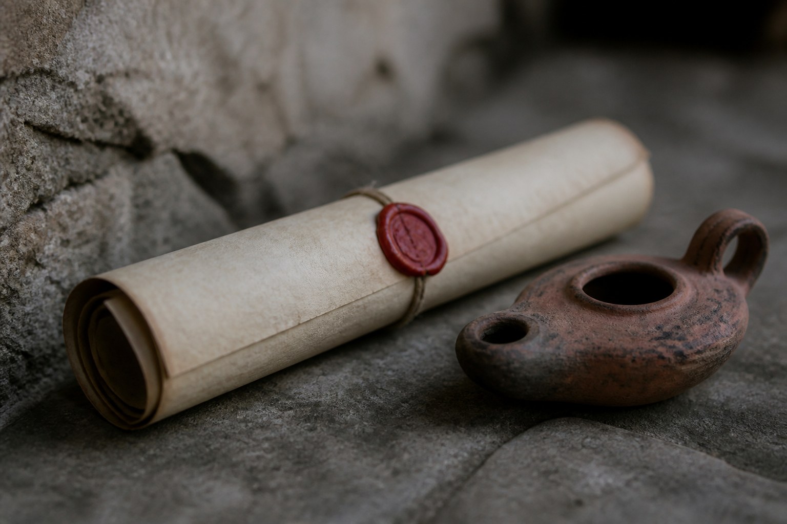 A rolled parchment scroll closed with a red wax seal lying beside a small unlit clay oil lamp on stone