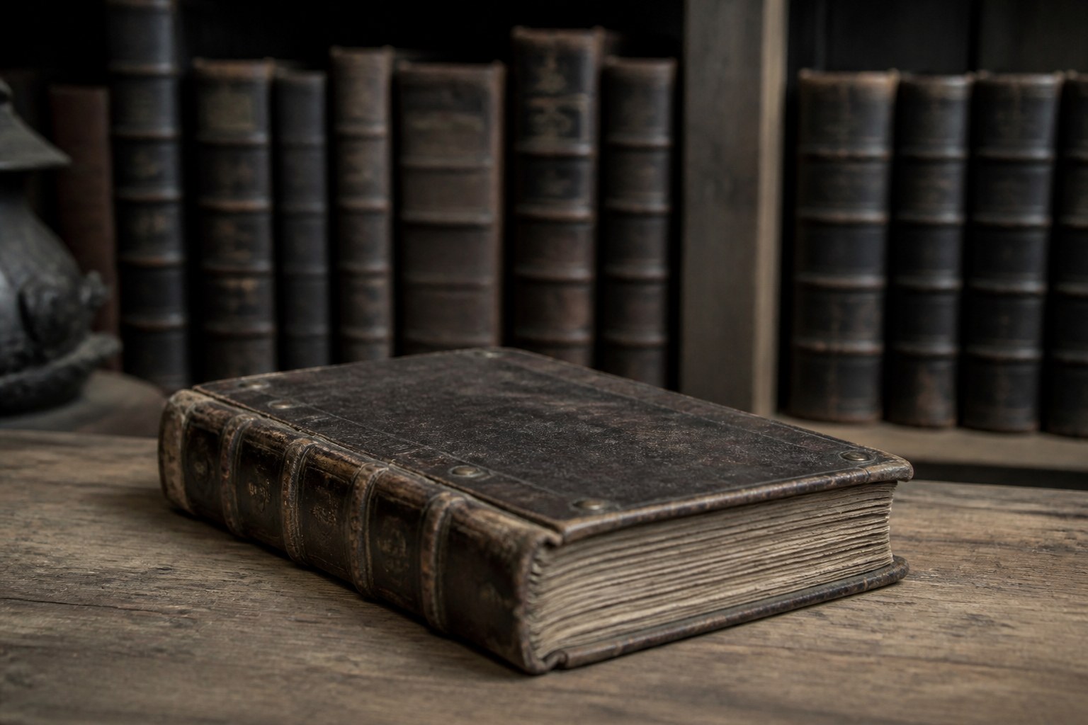 A worn leather bound codex lying flat and apart on a table, with a shelf of matched uniform volumes standing behind it