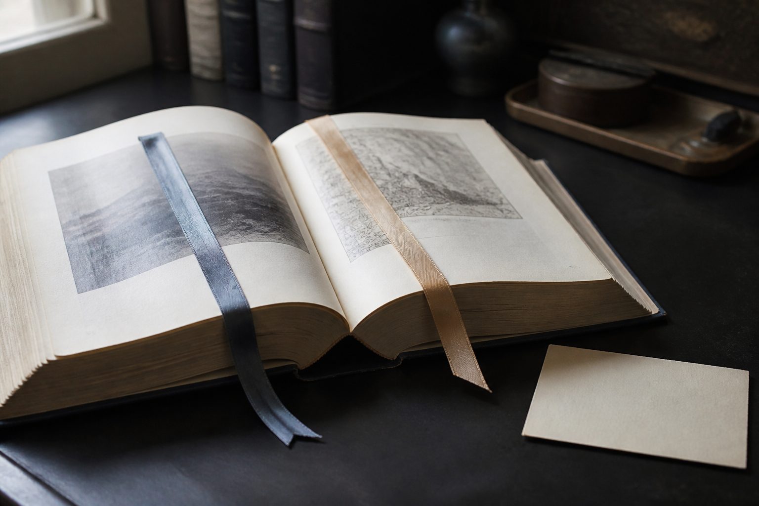 An open book with two ribbon markers laid across different illustrated pages, and a blank card beside it