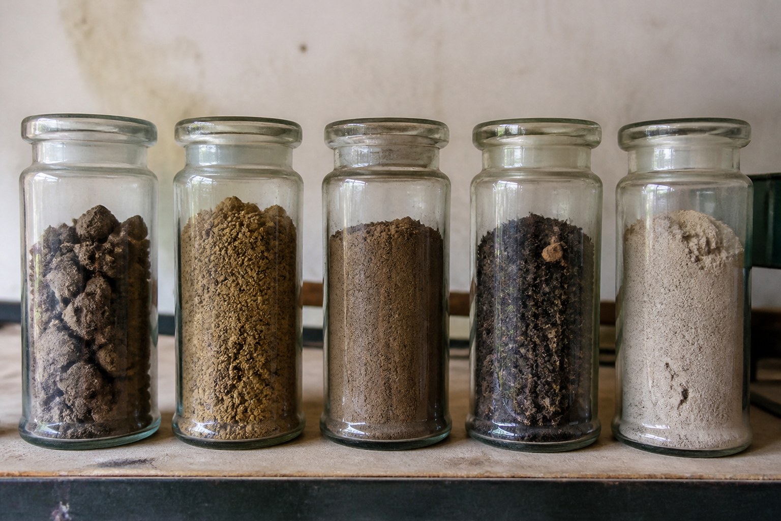Five glass specimen jars on a shelf, each holding a visibly different soil sample