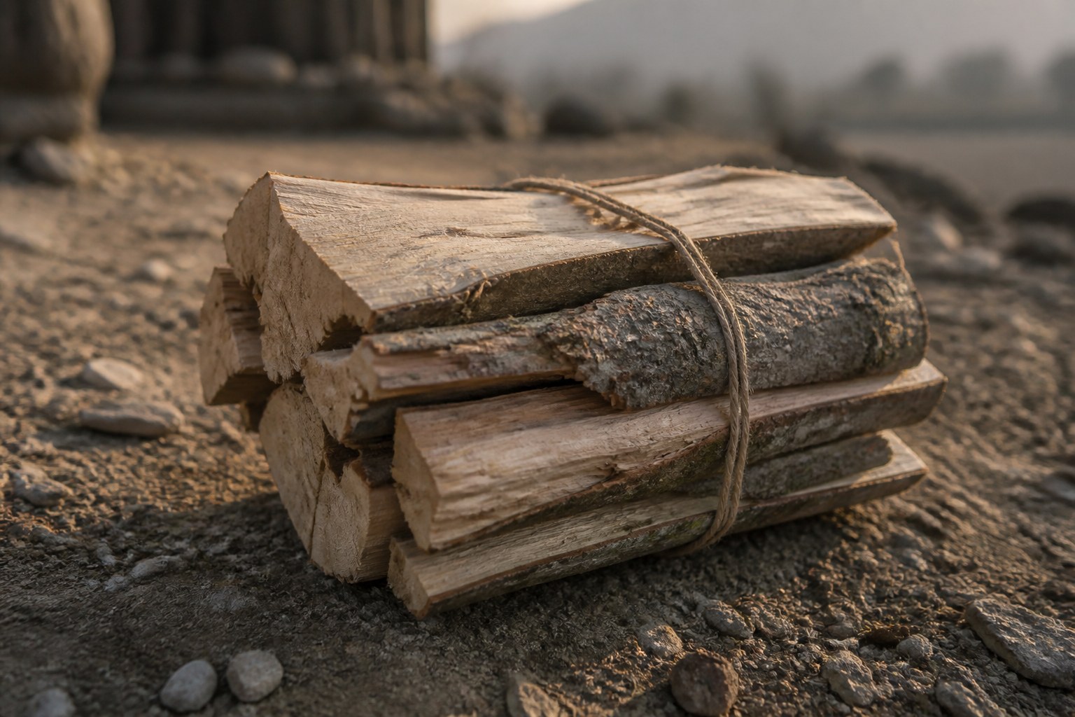 A bundle of split firewood tied with coarse cord resting on stony dry ground in early light