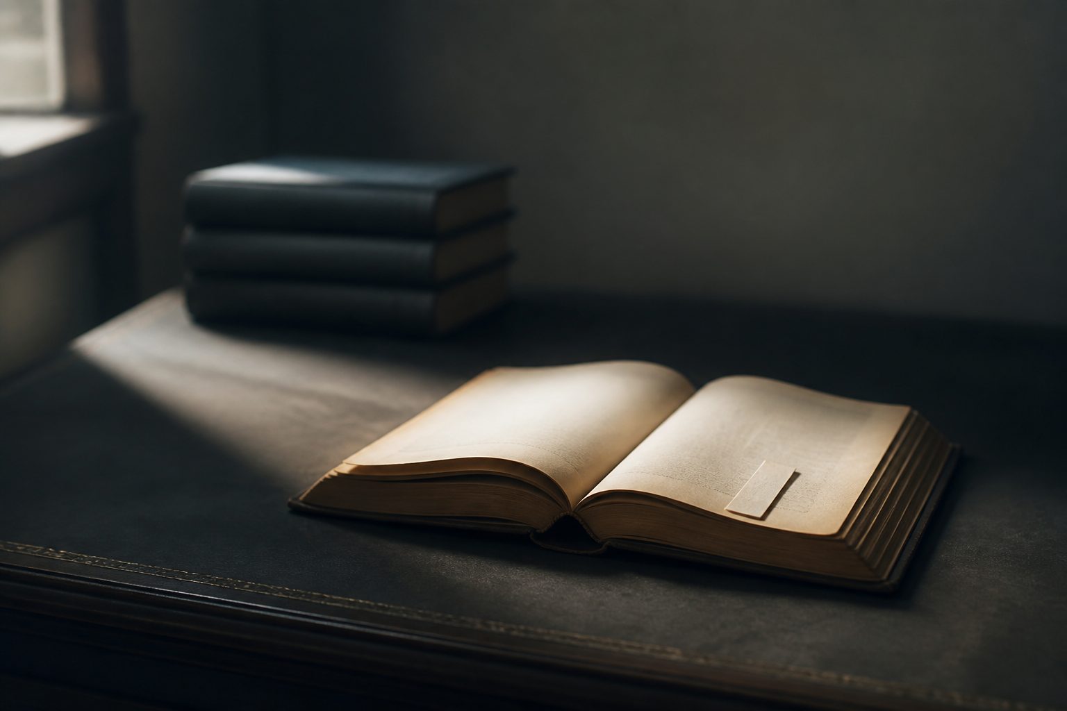 A single open book lit by window light on a dark desk, with three closed volumes stacked away in shadow