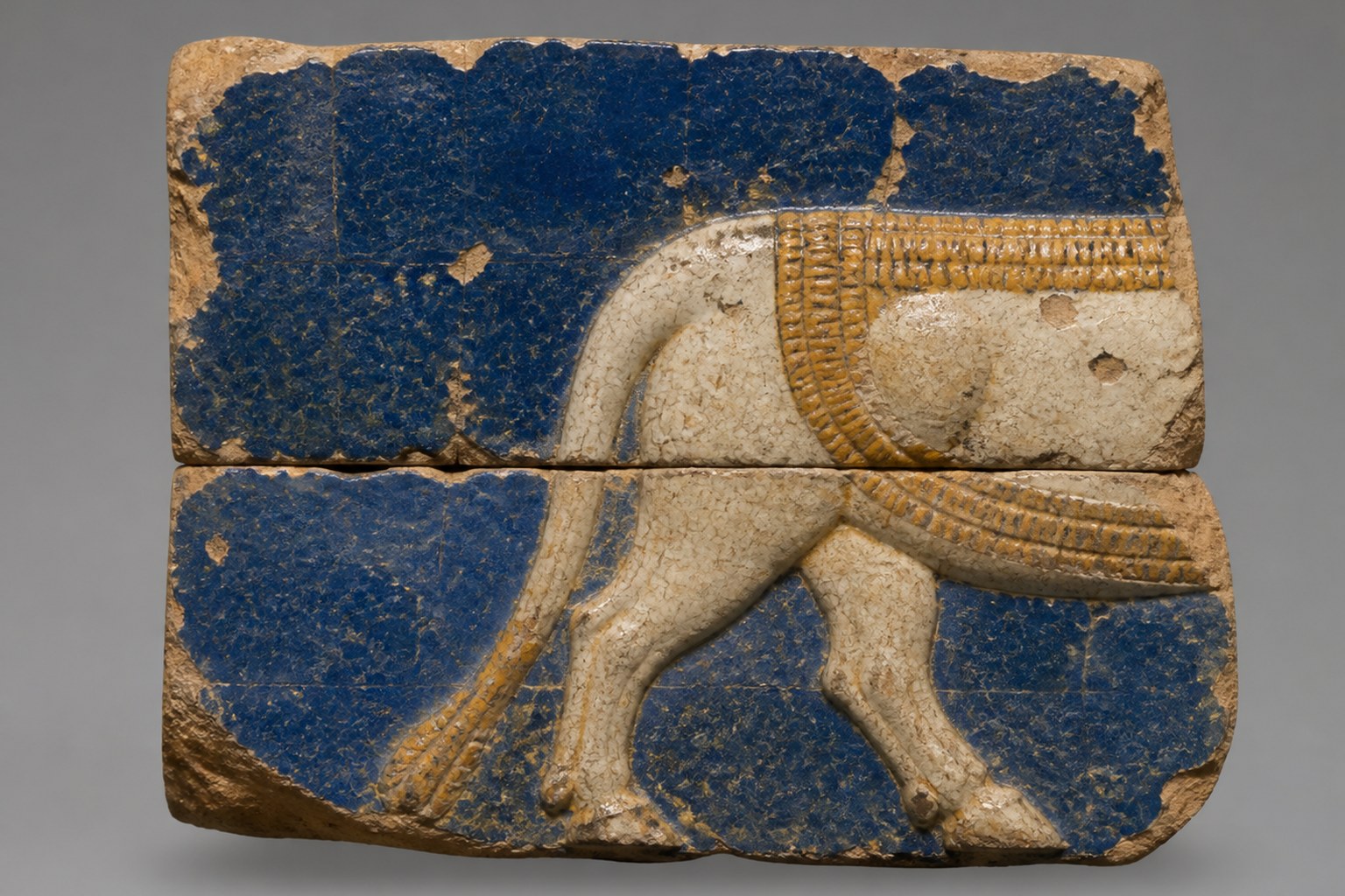 A fragment of glazed brick relief in deep blue with part of a striding animal moulded in cream and ochre, broken at the edges and photographed on a plain grey surface