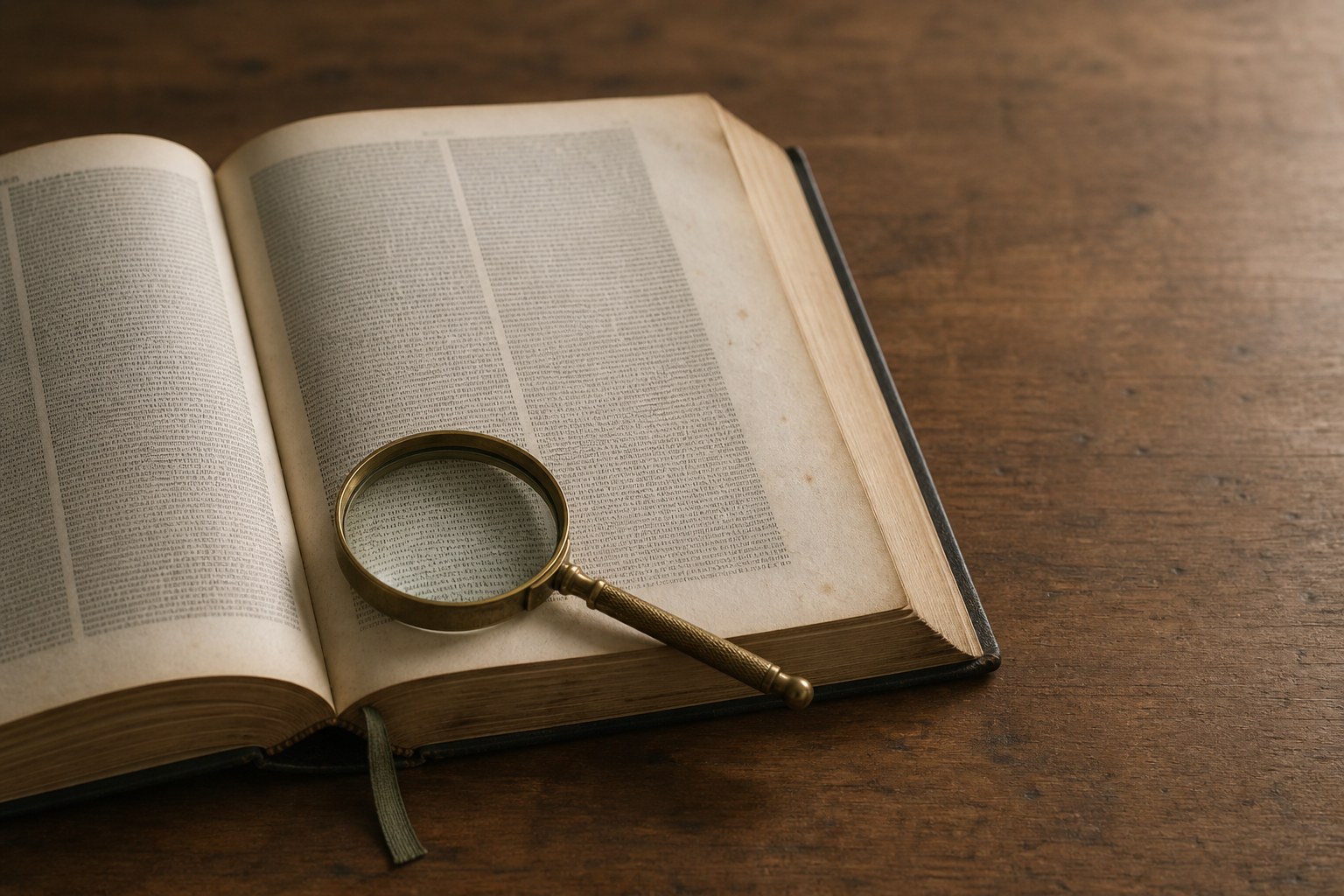 An open reference volume on a wooden desk, its pages set in dense narrow columns of type, with a brass magnifying glass resting across one page and a cloth ribbon marker at the spine