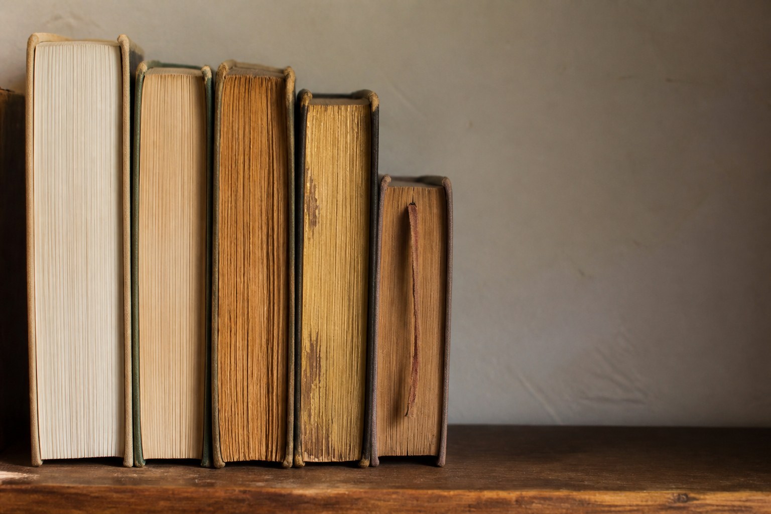 Five hardback volumes of visibly different ages standing on a wooden shelf, seen from the front so their page edges show, one with a faded ribbon marker