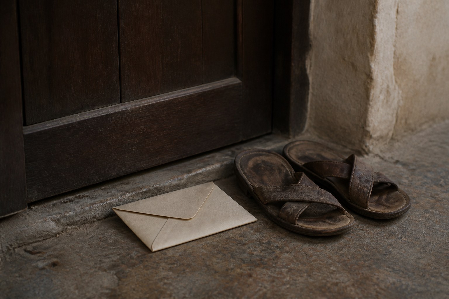 A sealed folded letter and a pair of worn leather sandals on a stone threshold beside a closed wooden door