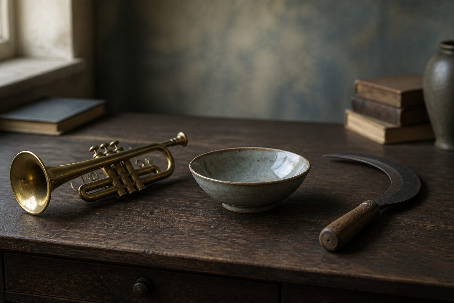 A brass trumpet, a shallow ceramic bowl, and a short curved sickle set in a row on a dark desk