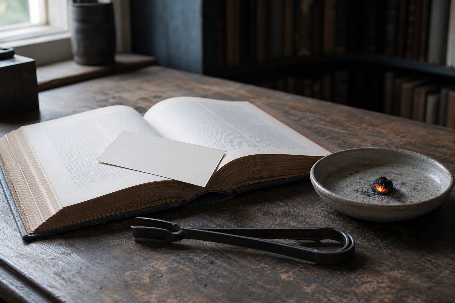 An open book with a blank card on it, a pair of iron tongs, and a shallow dish holding one glowing ember
