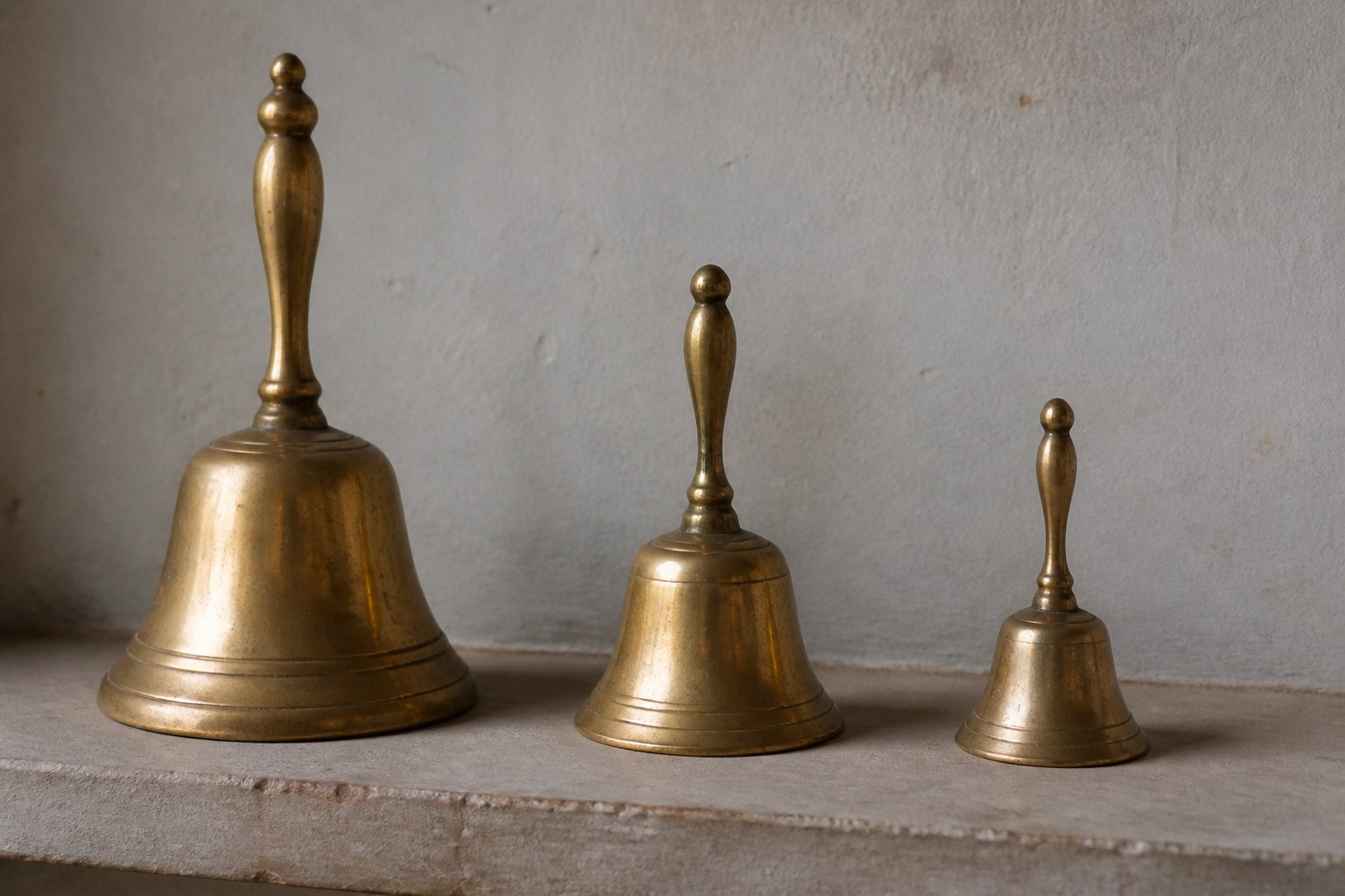 Three brass hand bells of different sizes in a row on a shelf