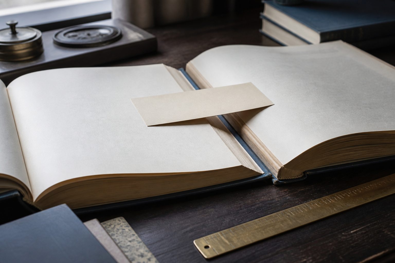 An open book with a blank card laid across its gutter and a brass ruler resting on the desk beside it