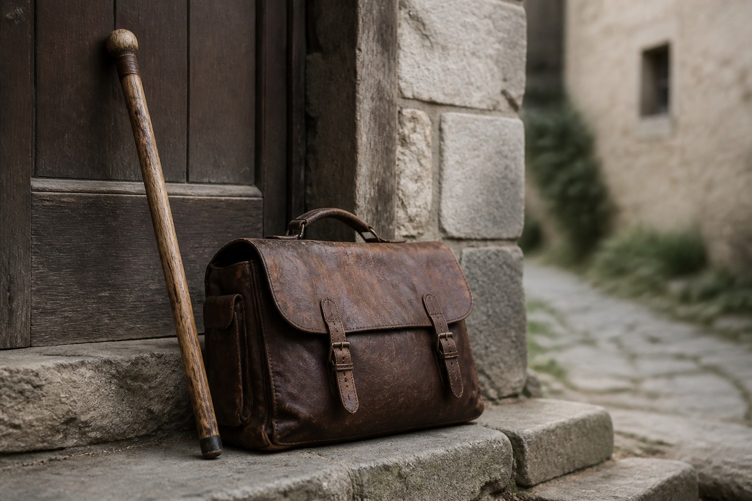 A worn wooden walking staff leaning against a doorway beside a scuffed leather travelling satchel on a stone step