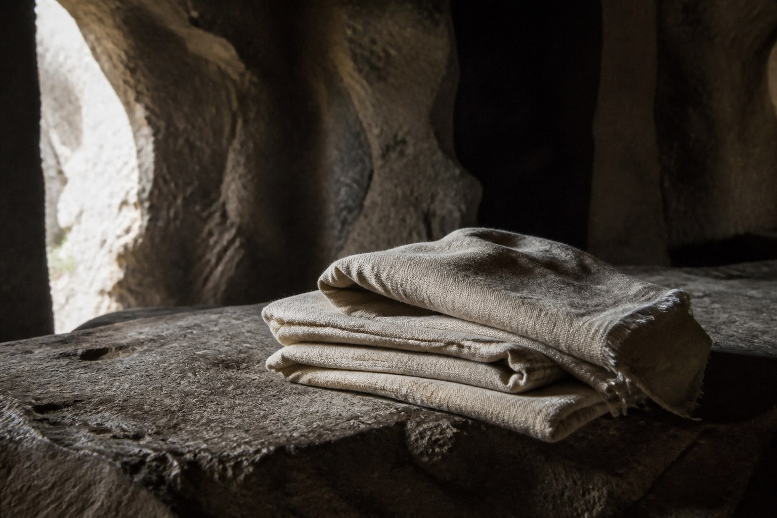 Folded linen cloths lying on a flat rock ledge inside a dim rock cut chamber, daylight entering from one side