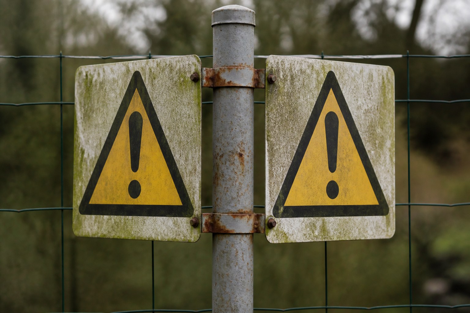 Two identical metal warning signs back to back on a fence post, facing opposite ways