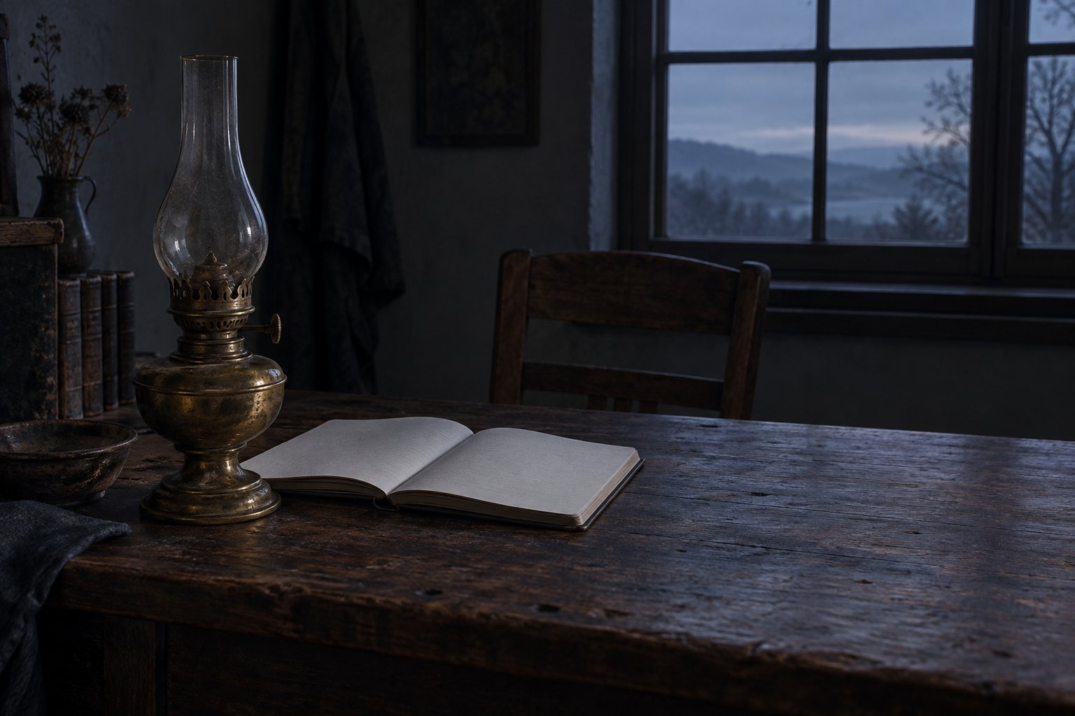 An unlit brass oil lamp beside a blank open notebook on a dark desk at first light, with the window still dim
