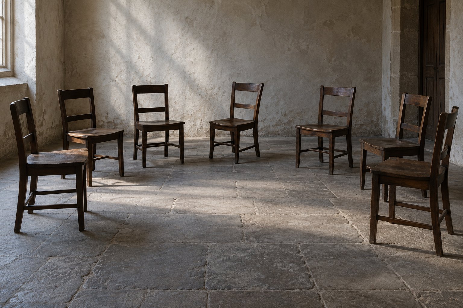 A semicircle of empty dark wooden chairs facing inward in a bare plaster room with a stone floor, one chair turned slightly out of line