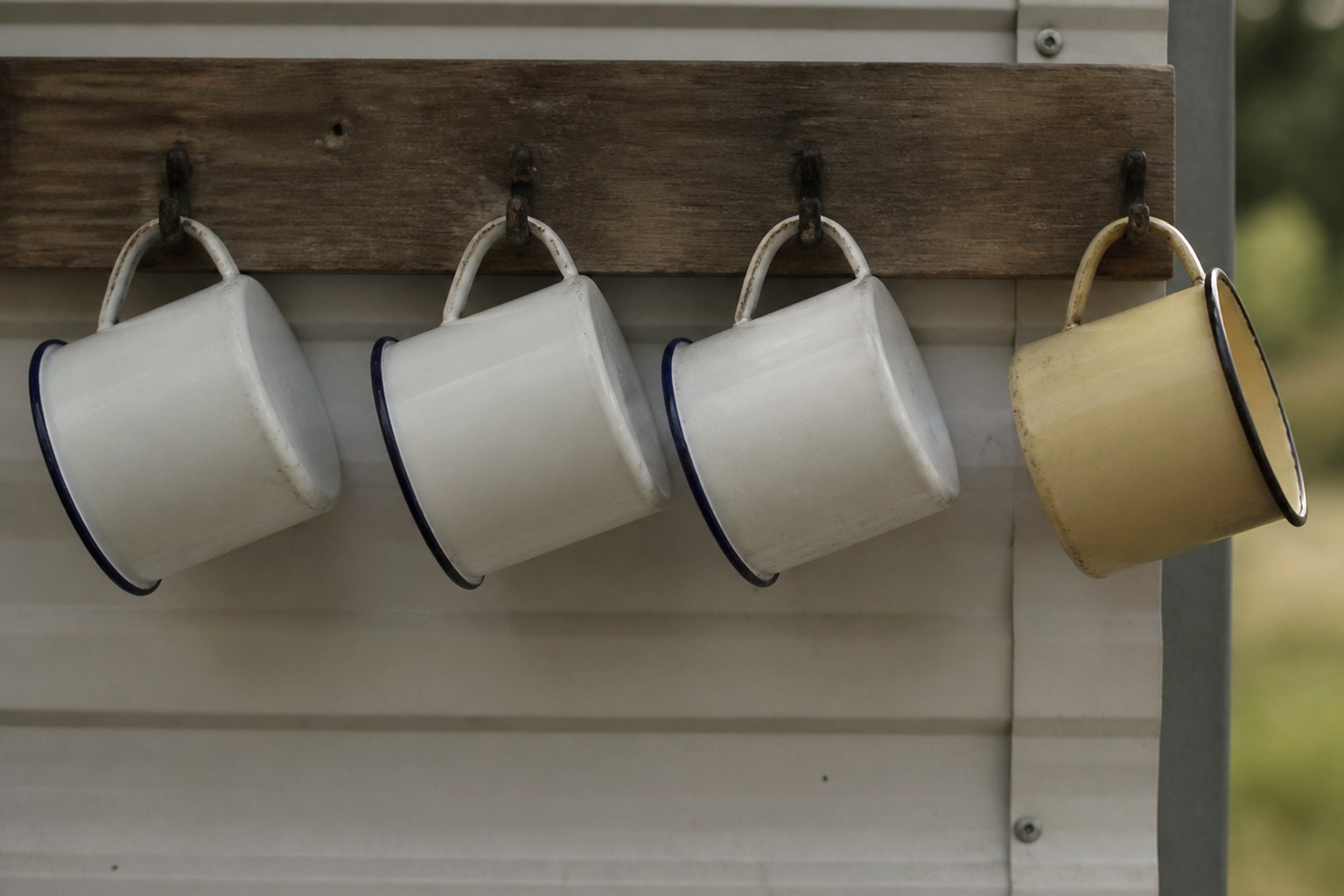 Four enamel mugs on hooks, three matching and one visibly different