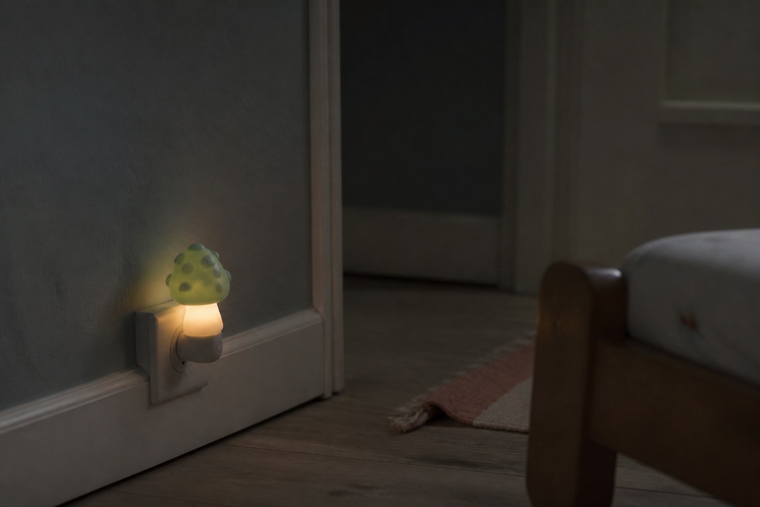 A small nursery night light glowing on a skirting board in a darkened room