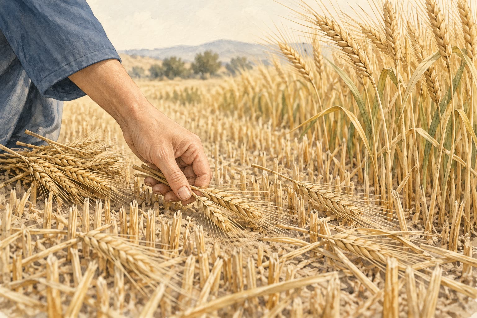 Illustration of a hand gathering fallen, long-awned barley stalks among cut stubble beside standing grain.